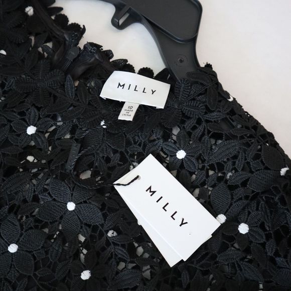 Milly 99YD99 Women's Sz 10 Black Yasmin Daisy Lace Ruffle Hem Mini Dress - Picture 12 of 15